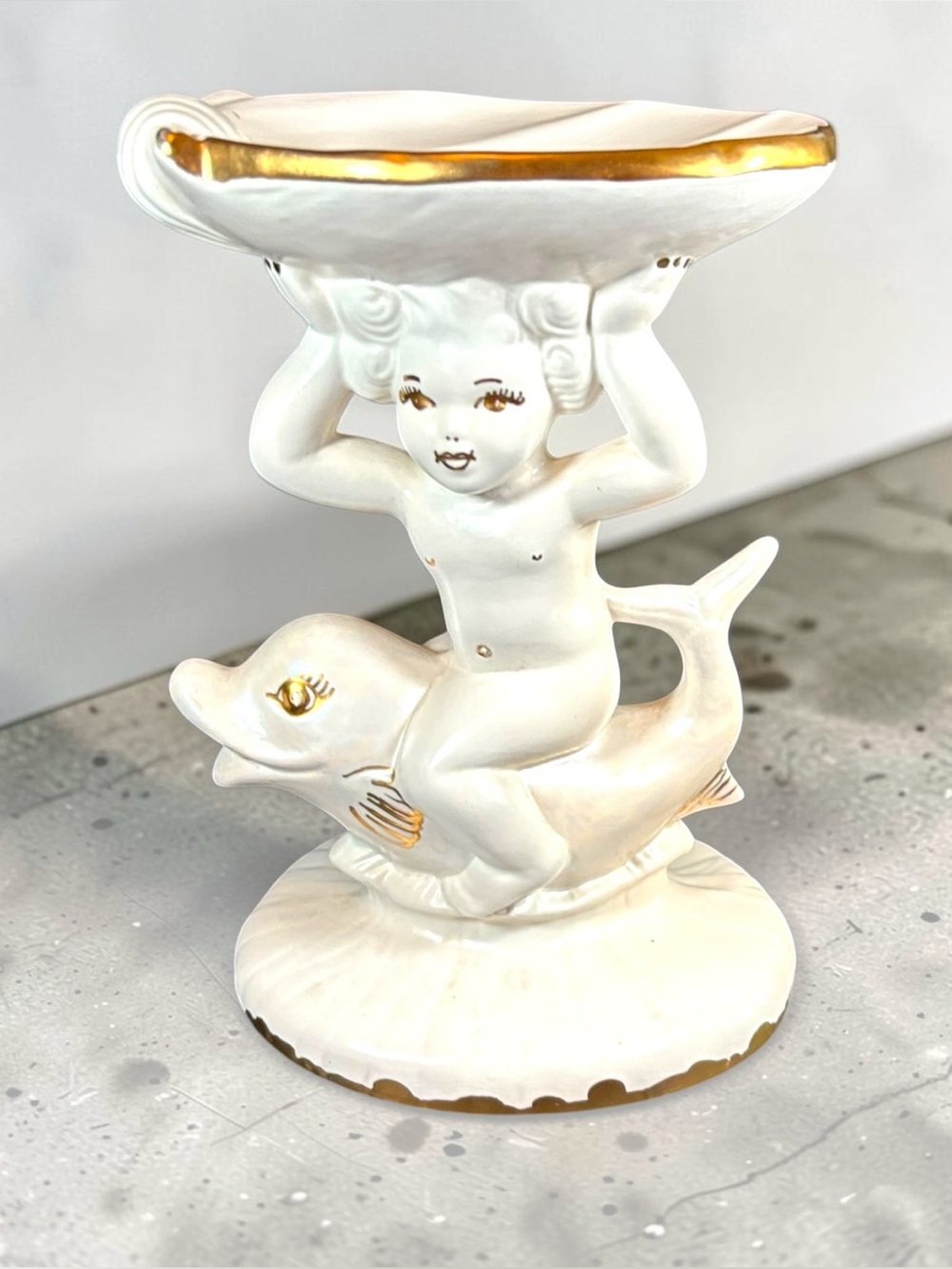 Vintage Holland Mold Ceramic Cherub Riding Dolphin Shell Dish Soap Trinket 8"